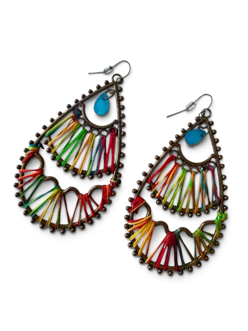 Vintage Handmade Boho Teardrop Earrings with Multi-color String Design
